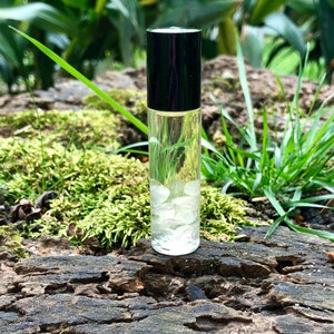 May include: A clear glass roller bottle with a black cap filled with a clear liquid and white stones. The bottle is sitting on a piece of wood with green moss.
