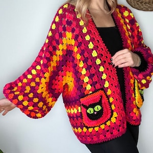 Crochet Hexagon Cardigan, Halloween Crochet Sweater, Back Cat Cardigan, Granny Square Sweater, Campfire Cardigan, Spooky Season Sweater