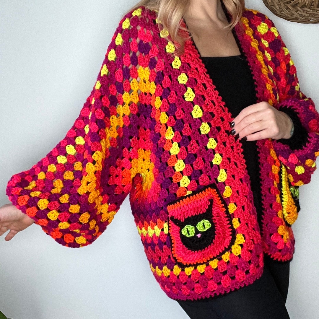 Crochet Hexagon Cardigan, Halloween Crochet Sweater, Back Cat Cardigan ...