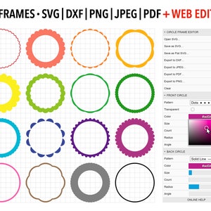 Editable Scalloped Circle Frames SVG Bundle en colores arco iris, uso comercial personalizable diseño gráfico clipart para Cricut, silueta, etc.