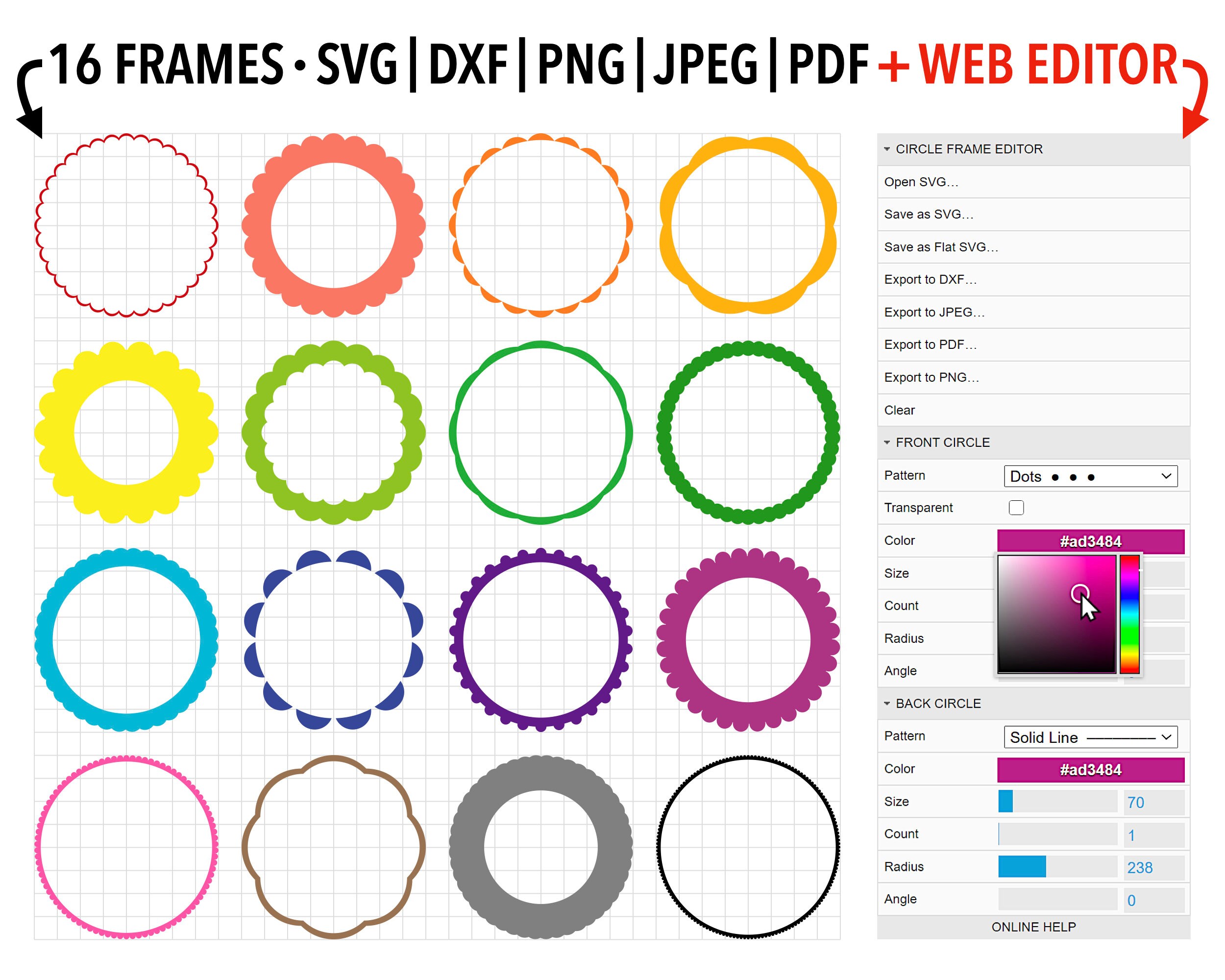 Editable Scalloped Circle Frames Svg Bundle In Rainbow Colors Etsy