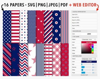 Editable Patriotic Digital Paper Pack: Red White and Blue, Stars and Stripes, 4th of July Digital Paper, Commercial Use USA Seamless Pattern