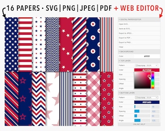 Editable Patriotic Digital Paper Pack: Red White and Blue, Stars and Stripes, 4th of July Digital Paper, Commercial Use USA Seamless Pattern