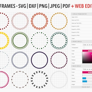 Pacote SVG de molduras circulares pontilhadas editáveis em cores escuras do arco-íris, uso comercial clipart de design gráfico personalizável para Cricut, Silhouette…