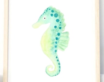 Lámina de acuarela de un caballito de mar bebé, arte infantil con temática marina (descarga digital)