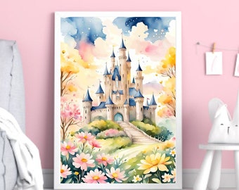Stampa artistica con castello da favola ad acquerello, decorazione per cameretta, decorazione da parete per cameretta, castello da principessa, download digitale istantaneo, decorazione da parete per cameretta.