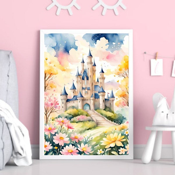 Watercolor Fairytale Castle Art Print, Girls Room Decor, Girls Room Wall Art, Princess Castle, Instant Digital Download, Nursery Wall Art