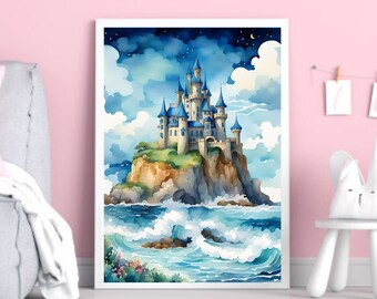 Stampa artistica del castello incantato del mare, decorazione costiera, decorazione del bagno, arte murale del castello dell'acquerello, decorazione della stanza dei bambini, download stampabile immediato