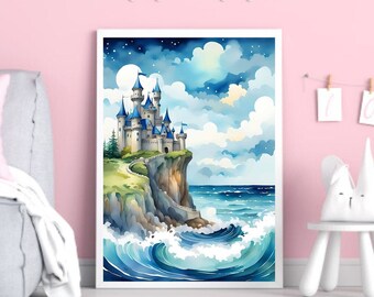 Stampa di un castello ad acquerello, onde dell'oceano, decorazione per la cameretta in stile costiero (download digitale)