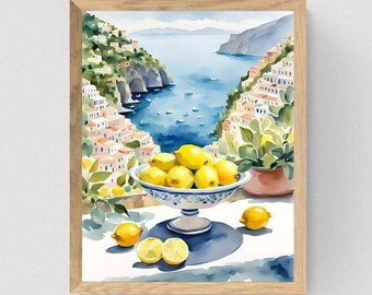 Kust van Amalfi, Italië, Amalficore aquarel haven van Amalfi, citroenkust, instant afdrukbare download