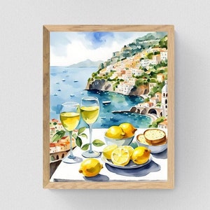 Amalfi Coast Italy Watercolor Print, Costa D&#39;Amalfi Italy Art, Instant Download Printable Art, Amalfi Coast Summer Prints