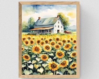 Rustikaler Herbst Bauernhaus, Sommer Sonnenblume Aquarell Druck, Bauernhaus Dekor, Bauernhaus Drucke, Sonnenblume Drucke, Sofort Download druckbare