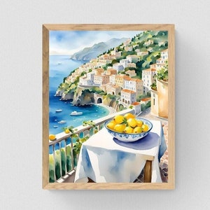 Amalfi Coast Italy Watercolor Print, Amalfi Coast Lemons Citrus Italy Wall Art, Instant Download Printable Art, Costa D&#39;Amalfi Coastal Decor