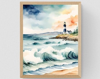 May include: A watercolor painting of a lighthouse on a rocky shore with crashing waves in the foreground. The sky is a mix of blue, gray, and orange.