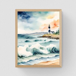 Coastal Glow Watercolor Lighthouse Wall Art, Coastal Wall Art, Ocean Prints, Coastal Decor, Printable Wall Art, Beach Prints, Nautical Decor