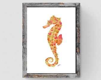 Lámina de caballito de mar en acuarela, decoración náutica costera (descarga digital)