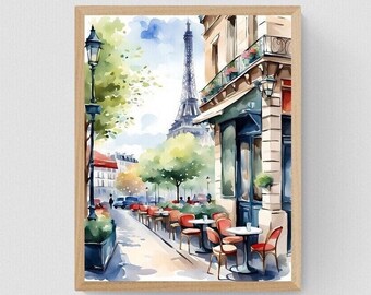 Parisian Street Cafe, Paris Wall Art, Eiffel Tower Print, Watercolor Art, Printable Instant Download Wall Art