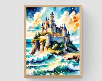 Stampa artistica del castello incantato del mare, arte del castello della principessa, arredamento del bagno, arredamento della cameretta dei bambini, castello della principessa ad acquerello, arredamento della sala giochi, arte della cameretta dei bambini