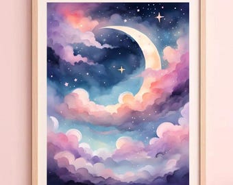 Magical Moon and Sky Wall Art Print, Pink and Purple Sky, Whimsical Kid's Bedroom Decor, Nursery Wall Art, Baby Shower Gift, Girl's Room