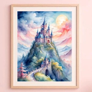 Watercolor Fantasy Castle Wall Art, Nursery Wall Art Decor, Kid&#39;s Bedroom Decor, Instant Download Printable Wall Art, Castle Wall Art,