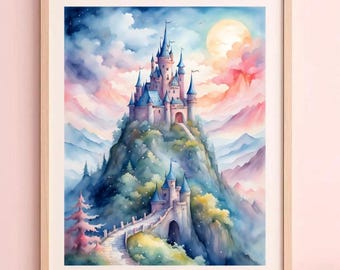 Watercolor Fantasy Castle Art Print, Kids Nursery Decor (Digital Download)