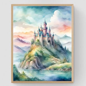 Watercolor Fantasy Castle Wall Art, Nursery Wall Art Decor, Kid&#39;s Bedroom Decor, Instant Download Printable Wall Art, Castle Wall Art,