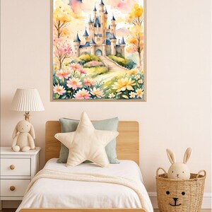 Stampa artistica con castello da favola ad acquerello, decorazione per cameretta, decorazione da parete per cameretta, castello da principessa, download digitale istantaneo, decorazione da parete per cameretta. immagine 7
