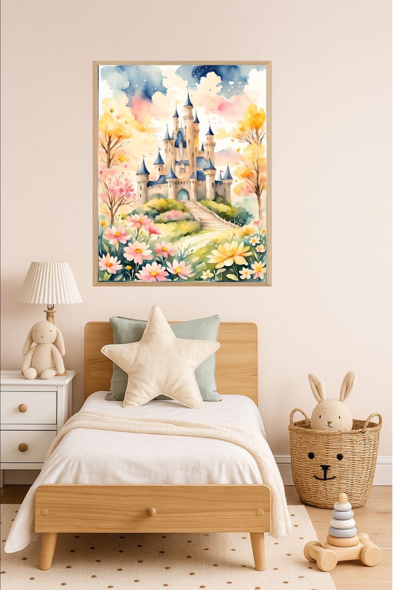 Stampa artistica con castello da favola ad acquerello, decorazione per cameretta, decorazione da parete per cameretta, castello da principessa, download digitale istantaneo, decorazione da parete per cameretta. immagine 7