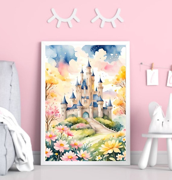 Watercolor Fairytale Castle Art Print, Girls Room Decor, Girls Room Wall Art, Princess Castle, Instant Digital Download, Nursery Wall Art