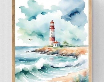Stampa artistica con faro rosso costiero ad acquerello sulla spiaggia, arte murale stampabile, decorazioni costiere, stampe artistiche oceaniche, decorazioni oceaniche, download immediato