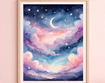 Magical Moon and Sky Print, Whimsical Nursery Decor (Digital Download)