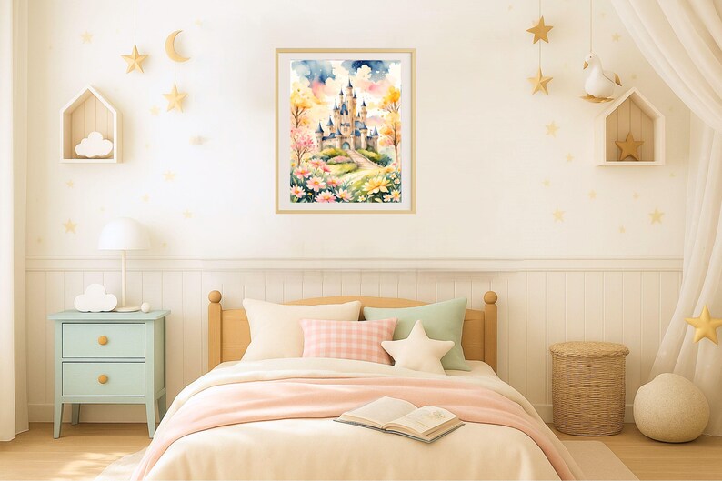 Stampa artistica con castello da favola ad acquerello, decorazione per cameretta, decorazione da parete per cameretta, castello da principessa, download digitale istantaneo, decorazione da parete per cameretta. immagine 4