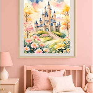 Stampa artistica con castello da favola ad acquerello, decorazione per cameretta, decorazione da parete per cameretta, castello da principessa, download digitale istantaneo, decorazione da parete per cameretta. immagine 8