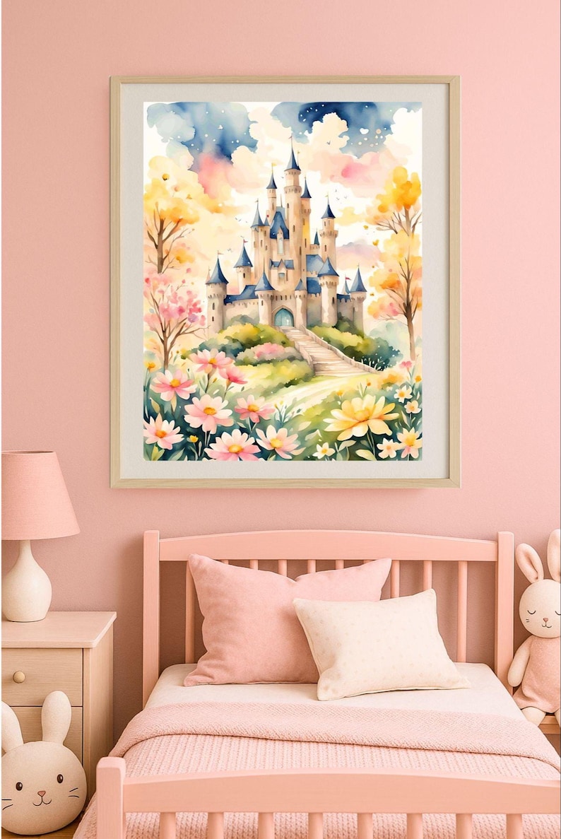 Stampa artistica con castello da favola ad acquerello, decorazione per cameretta, decorazione da parete per cameretta, castello da principessa, download digitale istantaneo, decorazione da parete per cameretta. immagine 8