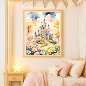 Stampa artistica con castello da favola ad acquerello, decorazione per cameretta, decorazione da parete per cameretta, castello da principessa, download digitale istantaneo, decorazione da parete per cameretta. immagine 5