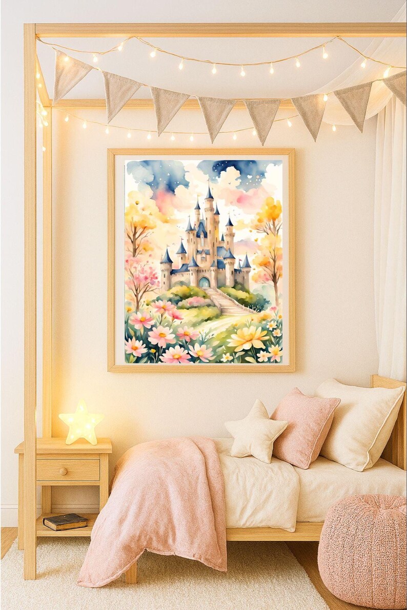 Stampa artistica con castello da favola ad acquerello, decorazione per cameretta, decorazione da parete per cameretta, castello da principessa, download digitale istantaneo, decorazione da parete per cameretta. immagine 5