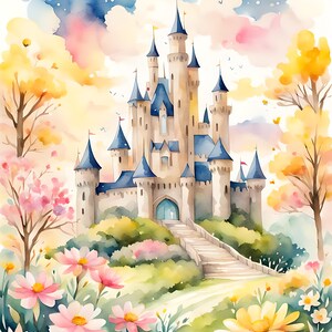Pu&ograve; includere: Un dipinto ad acquerello di un castello da favola con torri blu e marroni, circondato da alberi verdi lussureggianti e fiori colorati. Il castello ha un grande ingresso ad arco e una scalinata di pietra che conduce ad esso. Il cielo &egrave; di un azzurro tenue con nuvole bianche.