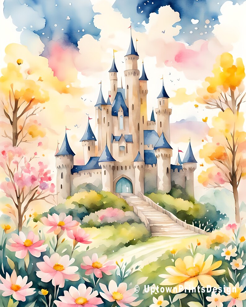 Pu&ograve; includere: Un dipinto ad acquerello di un castello da favola con torri blu e marroni, circondato da alberi verdi lussureggianti e fiori colorati. Il castello ha un grande ingresso ad arco e una scalinata di pietra che conduce ad esso. Il cielo &egrave; di un azzurro tenue con nuvole bianche.