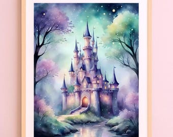 Arte murale con castello fantasy ad acquerello, decorazione murale per cameretta dei bambini, decorazione per cameretta dei bambini, download istantaneo di arte murale stampabile, arte murale con castello,