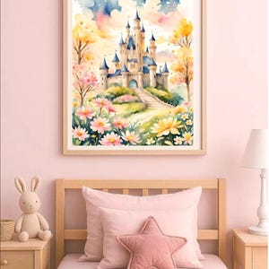 Stampa artistica con castello da favola ad acquerello, decorazione per cameretta, decorazione da parete per cameretta, castello da principessa, download digitale istantaneo, decorazione da parete per cameretta. immagine 6