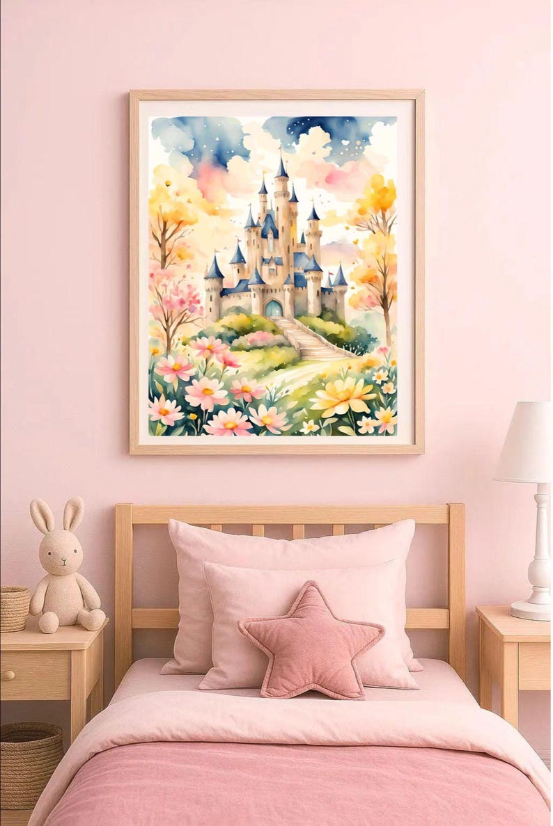 Stampa artistica con castello da favola ad acquerello, decorazione per cameretta, decorazione da parete per cameretta, castello da principessa, download digitale istantaneo, decorazione da parete per cameretta. immagine 6