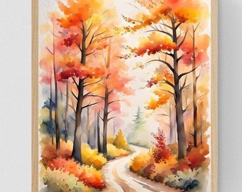 Autumn Fall Forest Art, Home Decor, Fall Decor, Autumn Decor, Watercolor Fall Wall Art, Instant Printable Download, Fall Trees