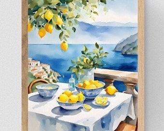 Puede incluir: Pintura acuarela de una mesa puesta con limones en cuencos, un vaso de agua y una vista de una ciudad costera y el océano en el fondo.