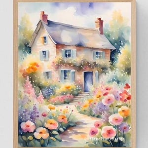Watercolor Charming English Cottage Garden Art Print, PRINTABLE Downloadable Wall Art, Cottage core art, Cottagecore Art Print, Digital