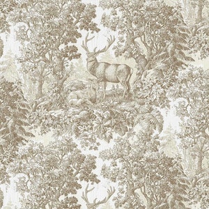 Deer in the Woodland Toile Fabric on Organic Cotton Sateen Fabric for Home Decorating and Upholstery