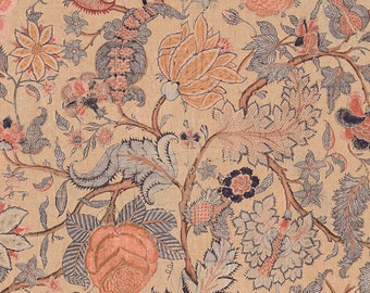 May include: A detailed floral pattern in shades of peach, orange, and blue on a beige background. The design features stylized flowers, leaves, and branches, creating a vintage, botanical aesthetic. The pattern is suitable for fabric or wallpaper.