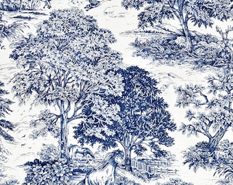 Pemberley Acres Toile blue Linen Blend Fabric for Draperies and Home Decorating