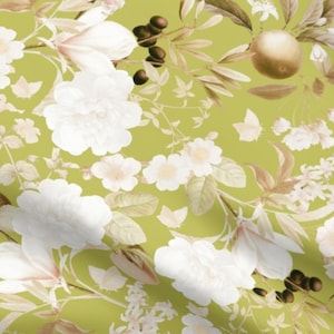 May include: A seamless pattern featuring white flowers, green leaves, and brown fruit on a light green background.