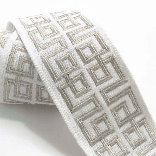 2.75" Knight's Labyrinth Embroidered Linen platinum Greek Key Border Tape