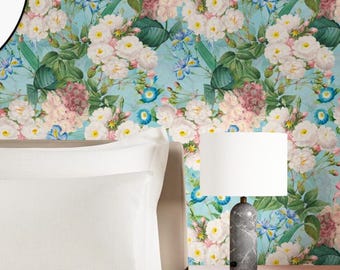 Normandy Romantic Farmhouse Hydrangea and Roses Wallpaper blue background